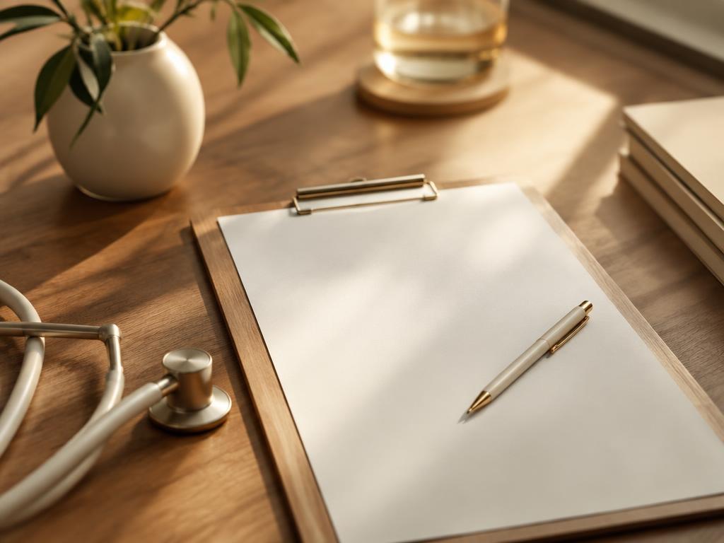 Clipboard with a blank form and pen on a warm wooden desk